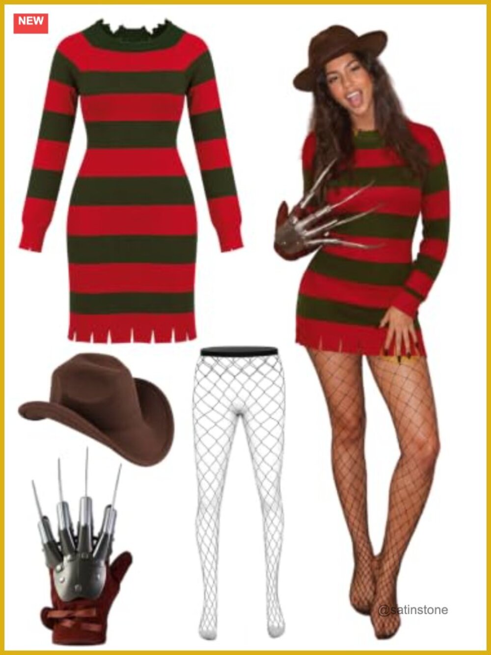 Serial Killer Costume Women Halloween Fedora Dress Claw Glove Set